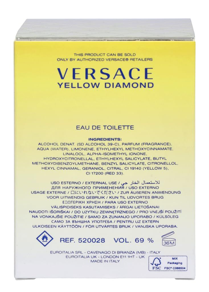 Achterkant van de gele verpakking van Versace Yellow Diamond. Bevat ingrediënten en informatie in meerdere talen.