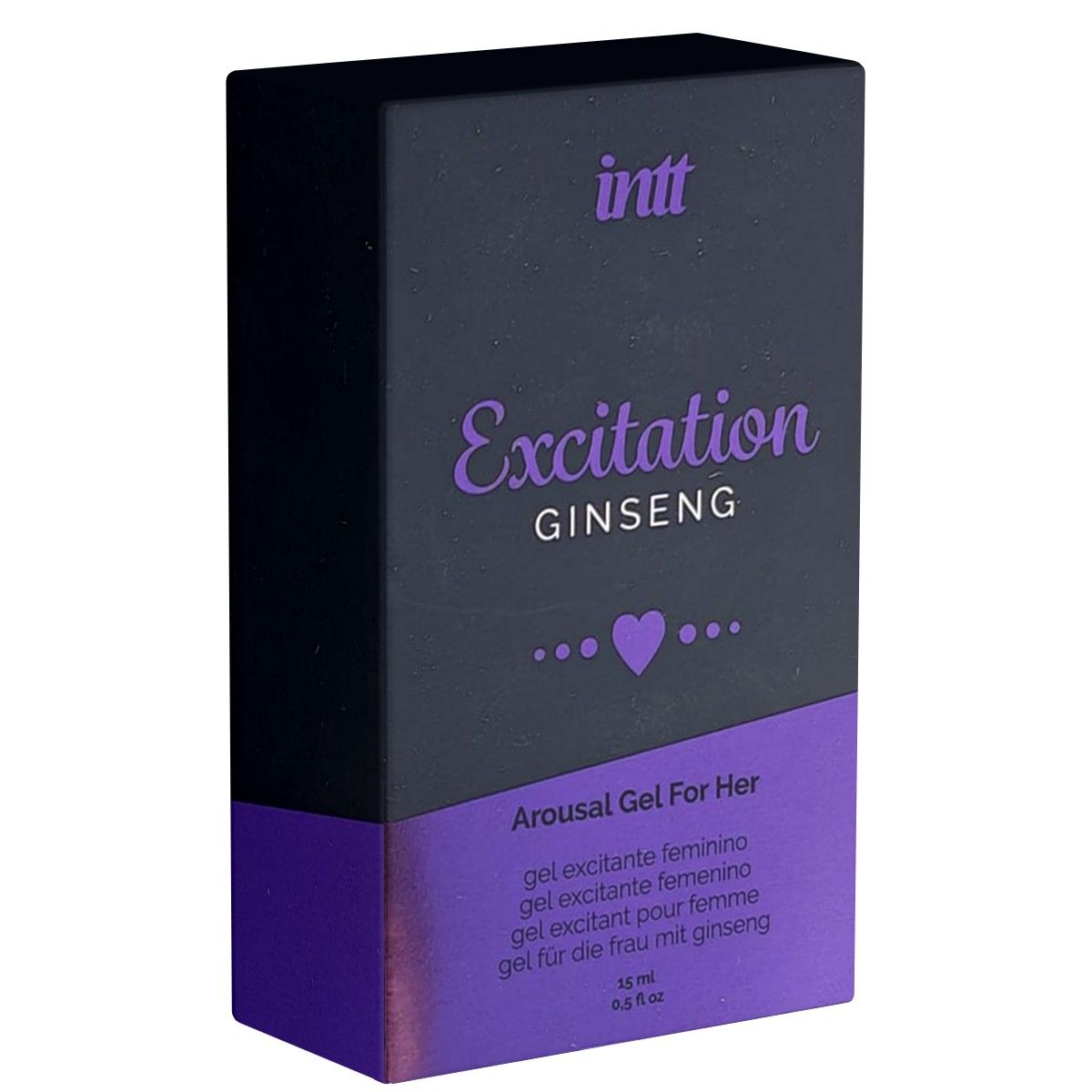 Zwarte verpakking met paarse accenten. Opschrift: Excitation Ginseng. Tekst: Arousal Gel For Her. 15 ml.