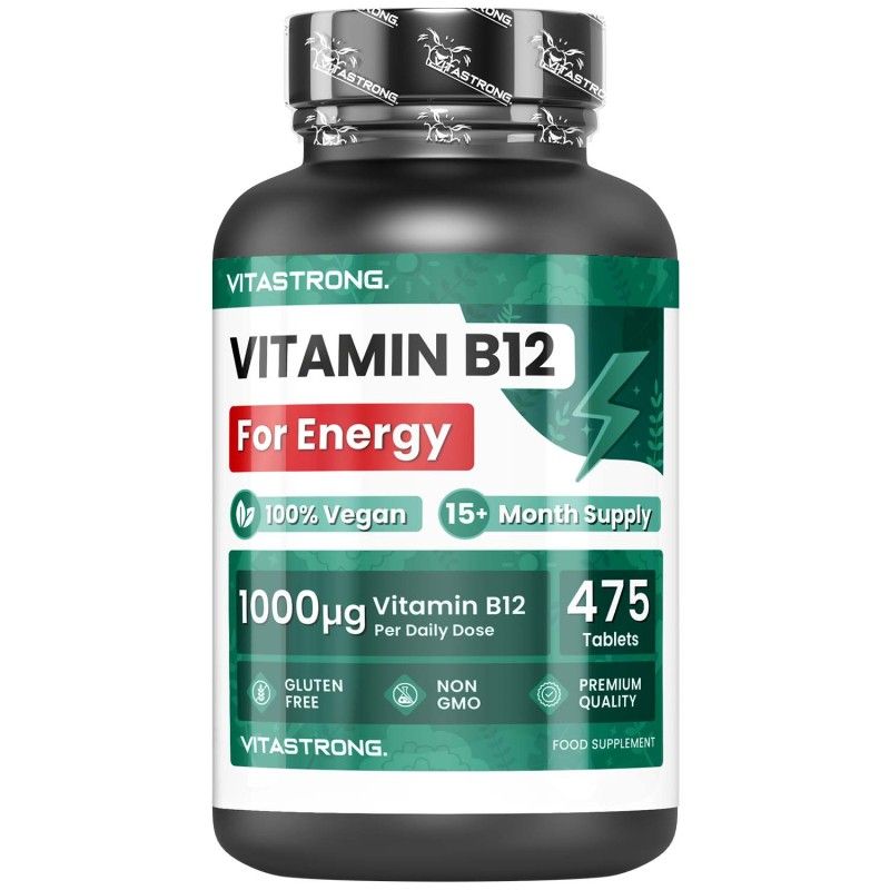 Flacon de vitamine B12. Contient 475 comprimés, 1000 mcg par comprimé. Vegan, sans gluten, sans OGM. Flacon noir.