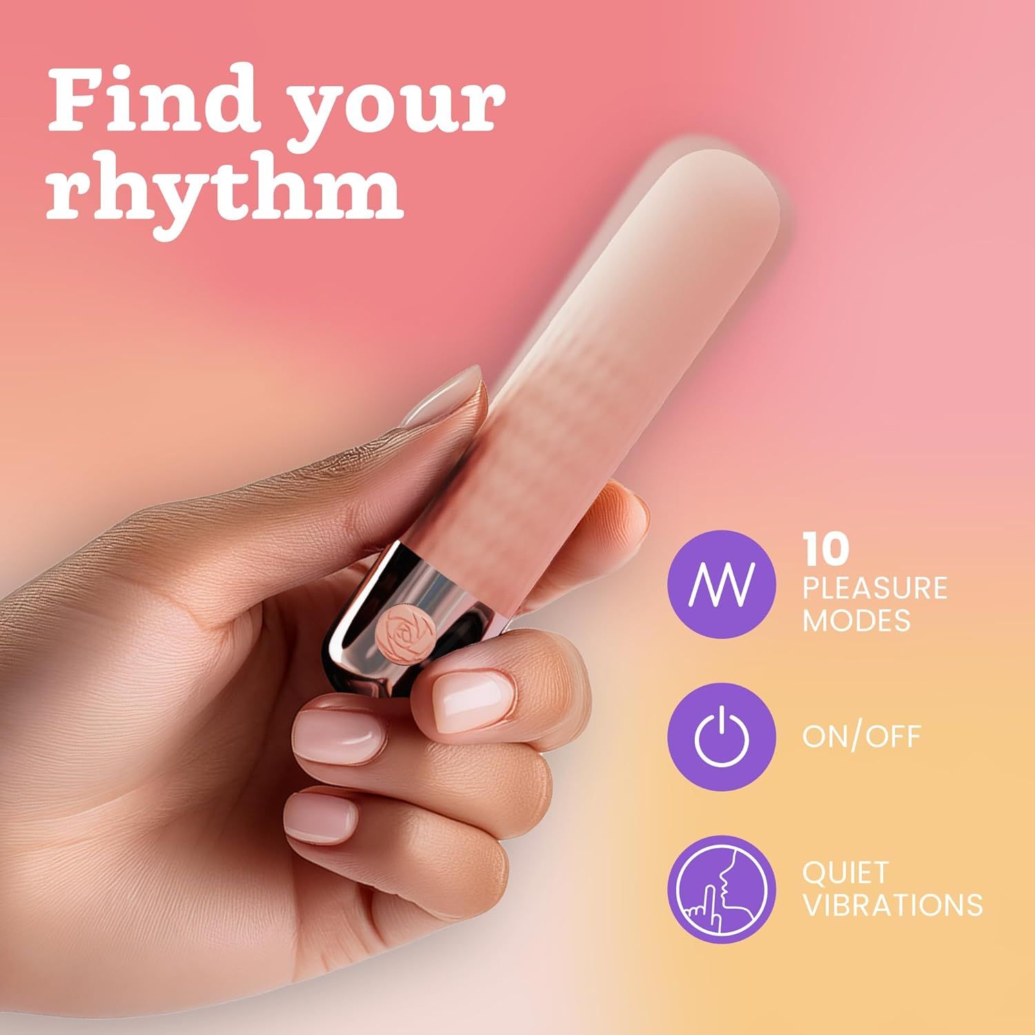 Hand houdt roze Bullet Vibrator vast met 10 vibratiestanden, aan/uit en stille trillingen.