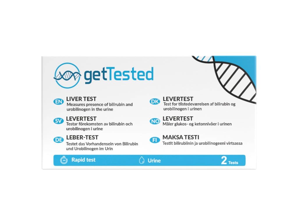 Boîte GetTested Lebertest. Contient deux tests. Inscription : Leber-Test, Rapid test, Urine. Emballage bleu et blanc.