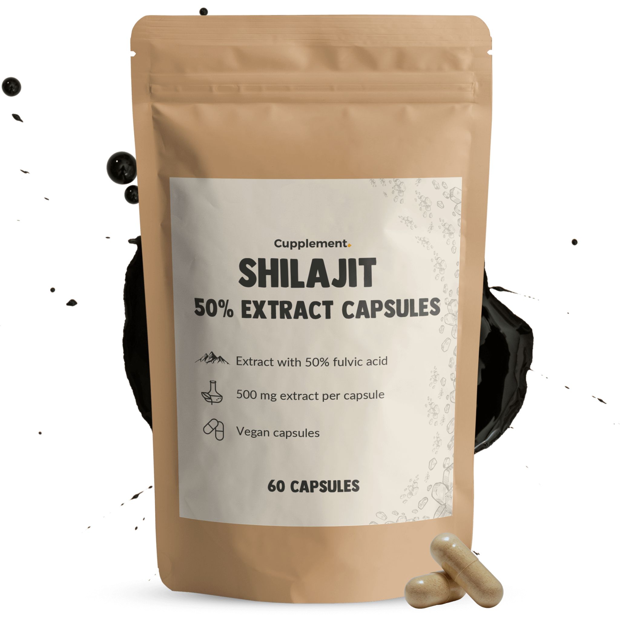 Gélules beiges à côté d'un sachet marron avec des informations sur le produit. Inscription : Shilajit 50% Extract Capsules, 60 gélules.