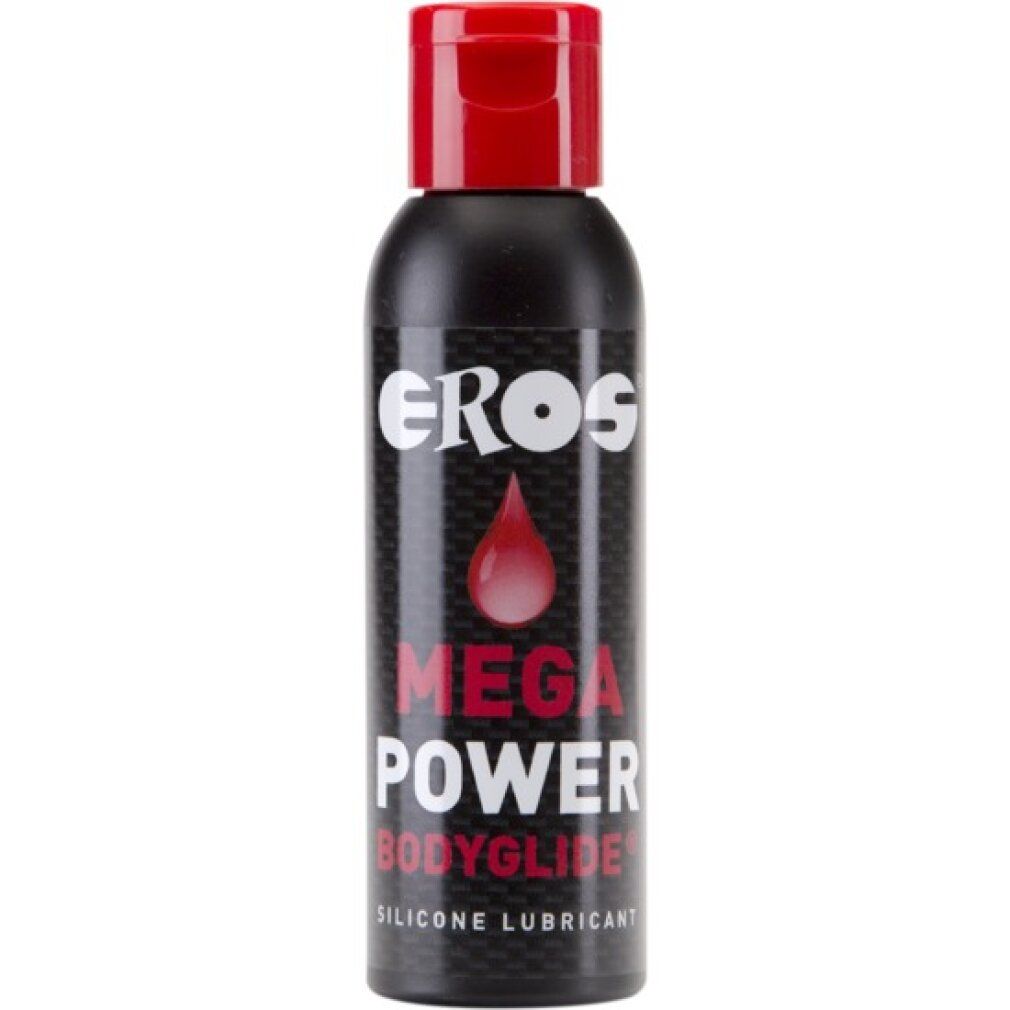 Zwarte fles met rode fliptopdop. Etiket met "EROS MEGA POWER BODYGLIDE SILICONE LUBRICANT".