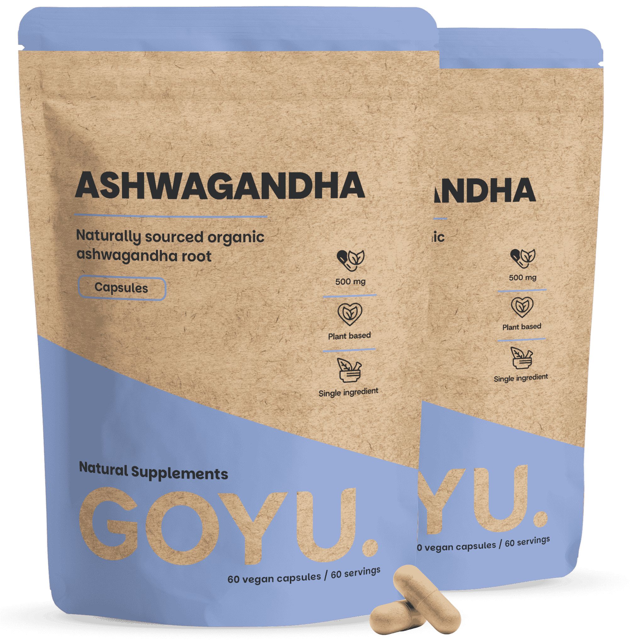 Twee verpakkingen Ashwagandha-capsules van GOYU.YU. Natuurlijke voedingssupplementen, 60 vegan capsules per verpakking.