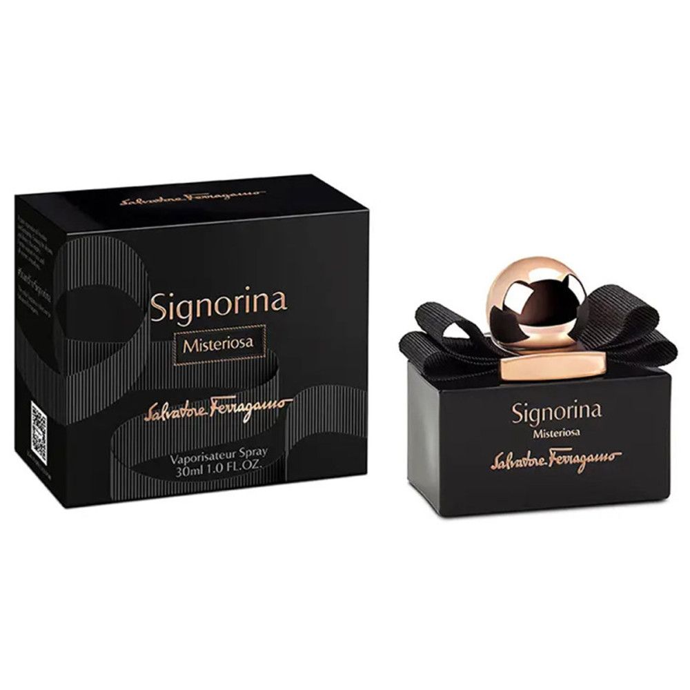 Zwarte fles en verpakking Signorina Misteriosa. Gouden dop en strik. Merk: Salvatore Ferragamo. 30 ml.
