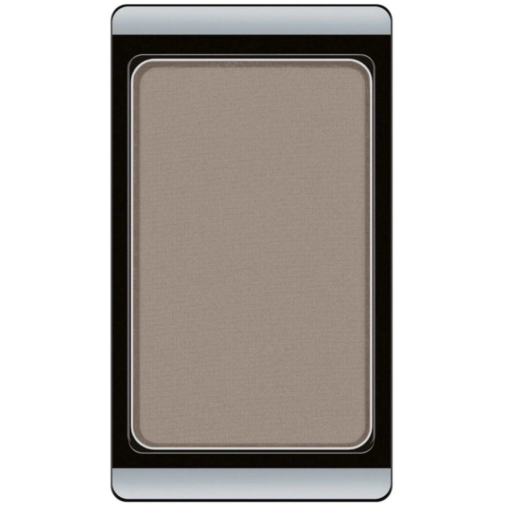 Grijs-beige oogschaduw. Rechthoekige vorm, in zwart kader met zilveren rand. Matte finish.