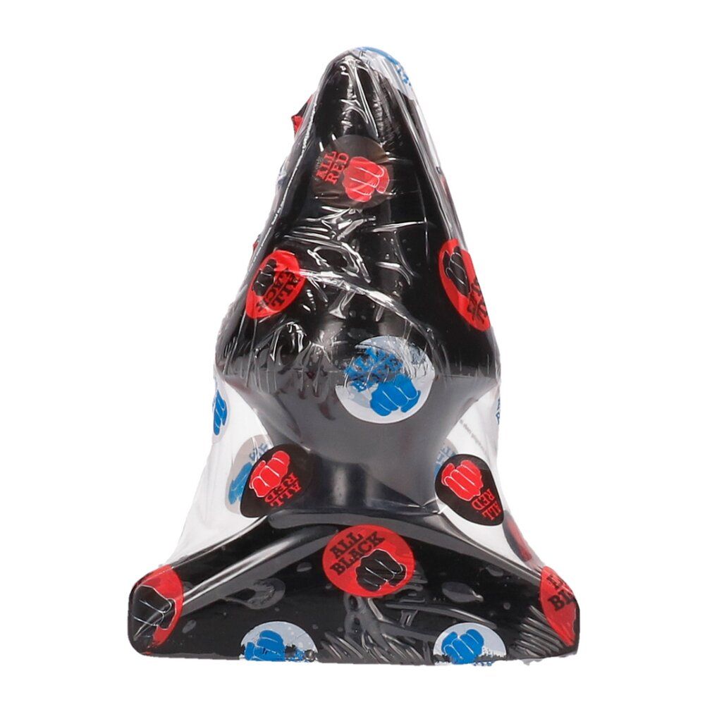 Dildo noir pointu à base large, emballé dans du film plastique avec des cercles rouges et bleus.