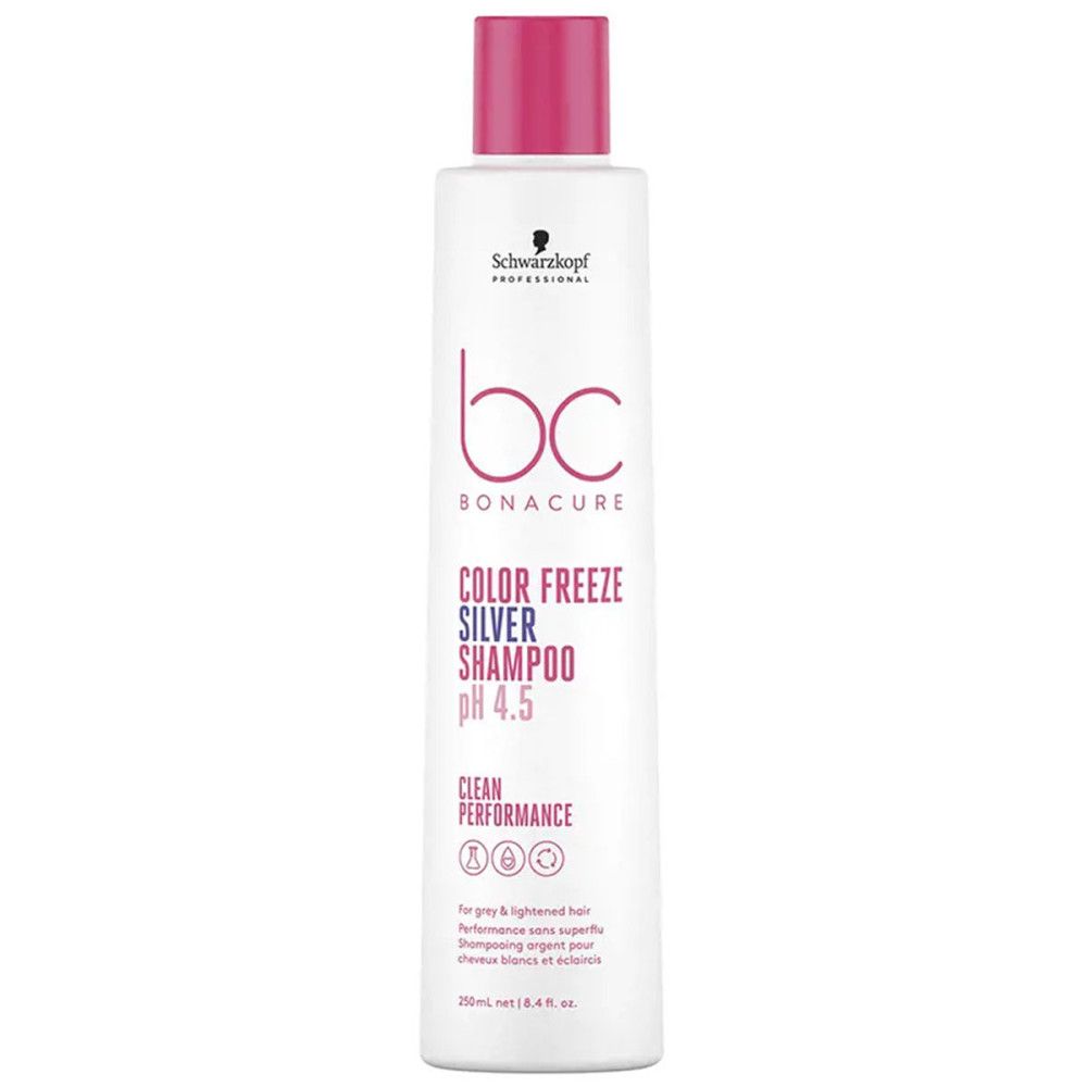 Wit shampoo met roze dop. Opschrift: Schwarzkopf, BC Bonacure Color Freeze Silver Shampoo pH 4.5.