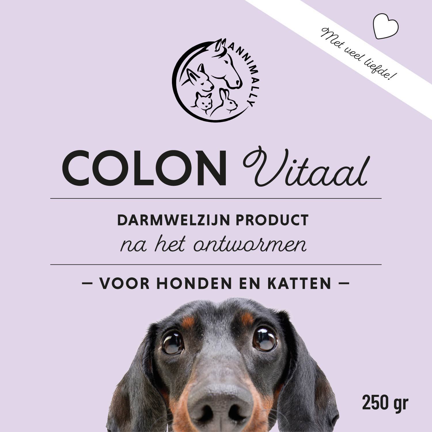 Productverpakking. Opschrift: COLON Vitaal. Voor honden en katten. 250g. Logo. Tekst: Darmwelzijn product na het ontwormen.