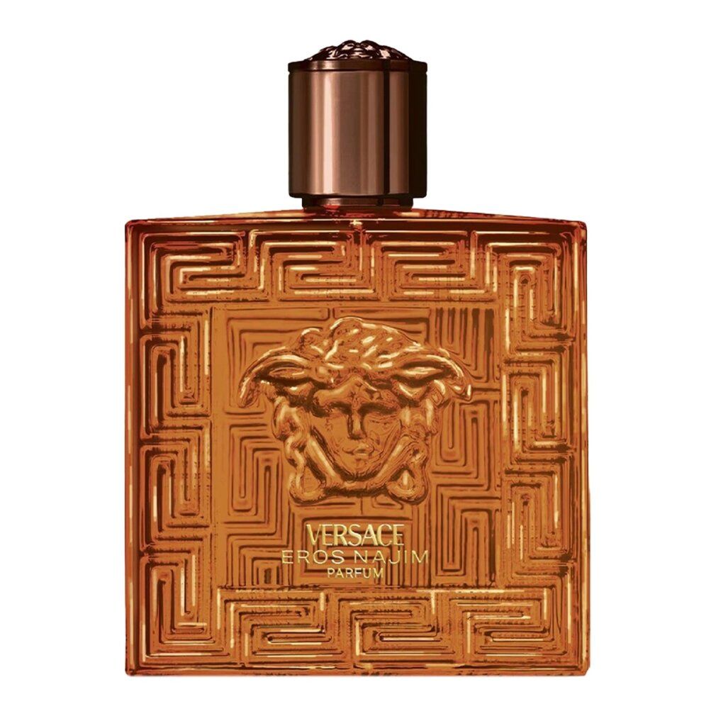 Flacon Versace Eros Najim Parfum avec tête de Méduse et motif géométrique.