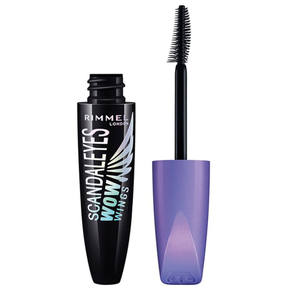 Zwarte mascara tube met paarse dop en borstel. Tekst: Rimmel London Scandaleyes Wow Wings.