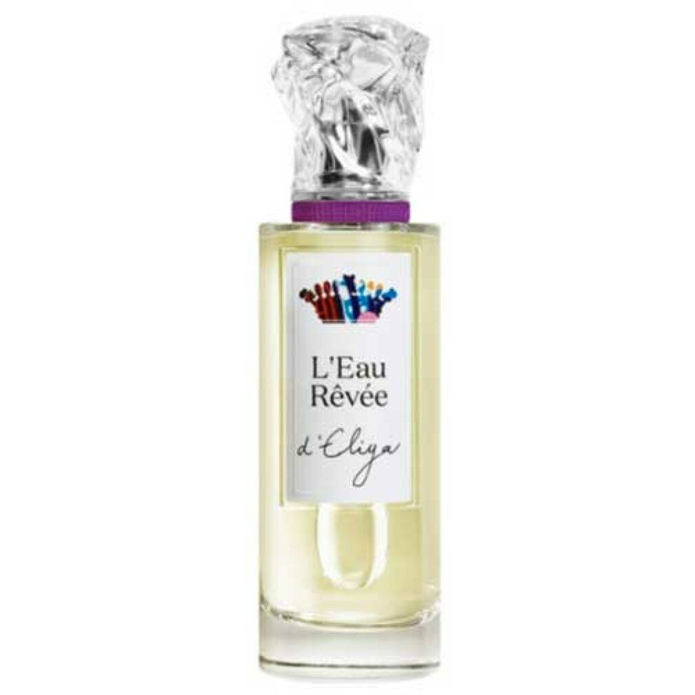 Flacon de parfum en verre transparent, liquide jaune et bouchon facetté.