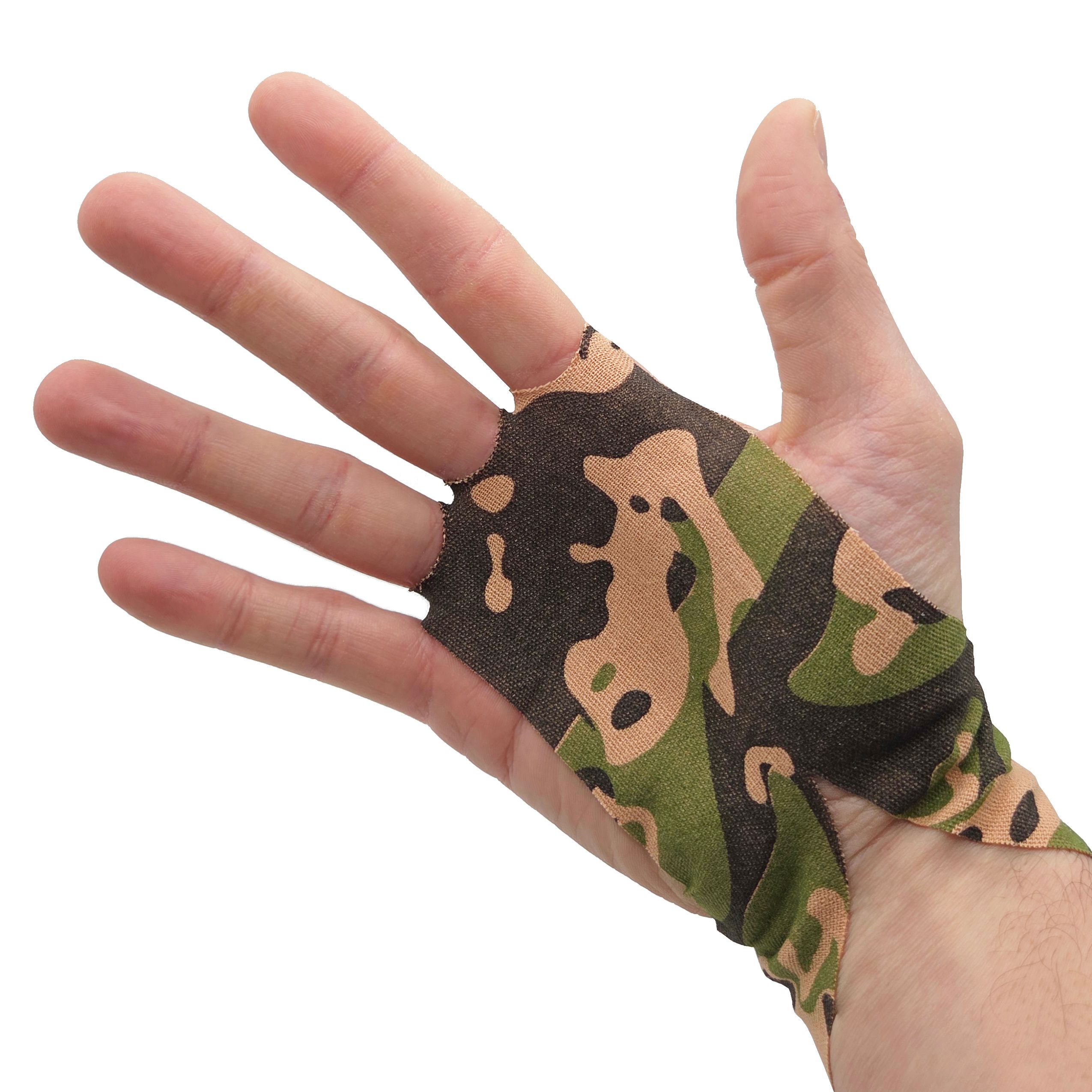 Main avec bande adhésive camouflage couvrant la paume et s'enroulant autour du poignet.