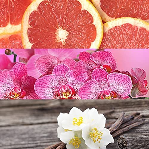 Collage de pamplemousse, d'orchidées et de fleurs de jasmin avec des gousses de vanille.