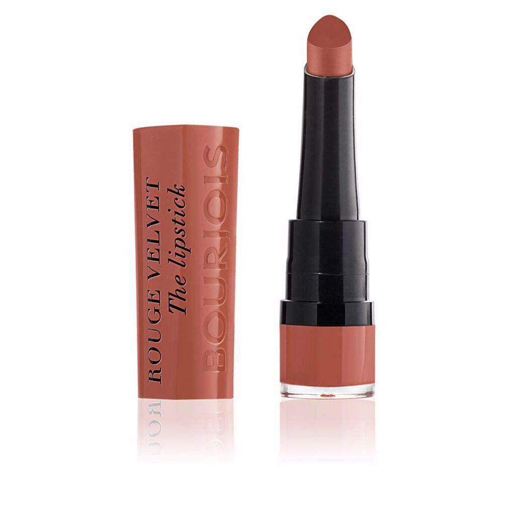 Rouge à lèvres avec capuchon ouvert. Inscription: ROUGE VELVET The lipstick BOURJOIS. Couleur: Caramelody.