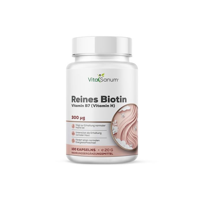 Flacon blanc VitaSanum Reines Biotin. Inscription : 300 µg, 100 gélules, vitamine B7 (vitamine H). Étiquette rose et blanche.