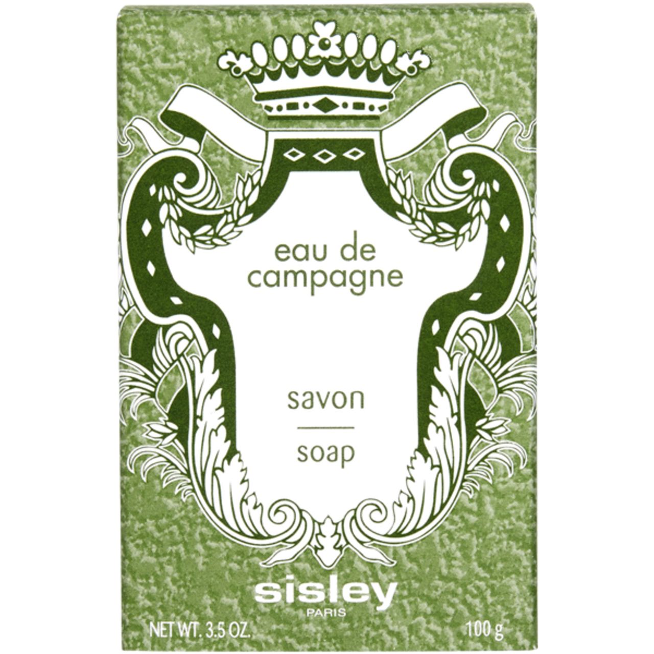 Groene doos met witte opdruk. Tekst: Eau de Campagne, Savon, Soap, Sisley Paris. Gewicht: 100 g, 3.5 oz.
