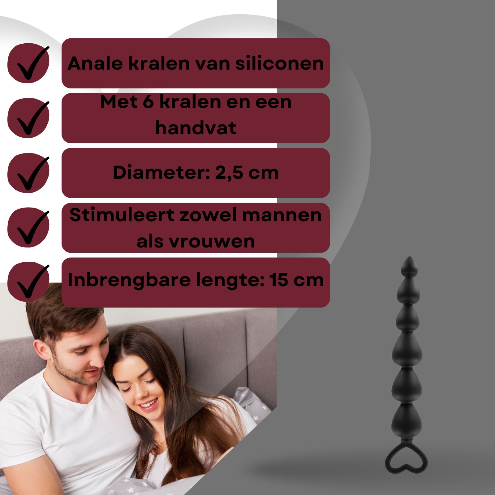 Anale plug van siliconen met 6 ballen en handvat. Diameter 2,5 cm, inbrengbare lengte 15 cm.