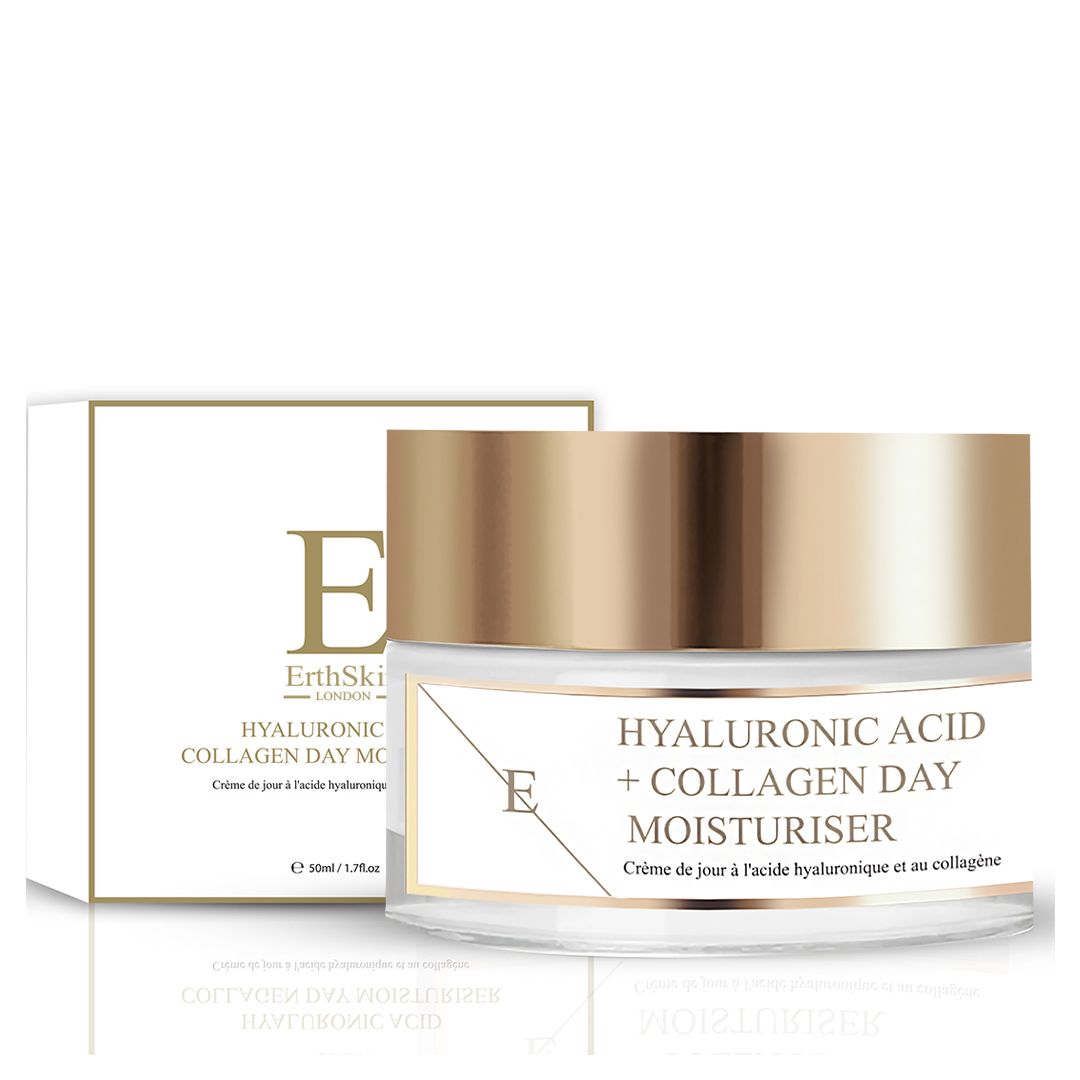 Glazen pot met goudkleurige deksel en buitenverpakking. Beide met 'ErthSkin London' en 'Hyaluronic Acid + Collagen Day Moisturiser'.