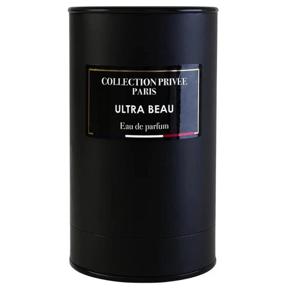 Emballage cylindrique noir. Étiquette avec "COLLECTION PRIVEE PARIS", "ULTRA BEAU Eau de parfum".