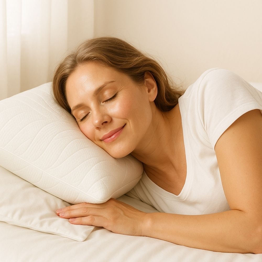 Vrouw slaapt op een wit kussen. Ze ligt op haar rug. Gesloten ogen, ontspannen.