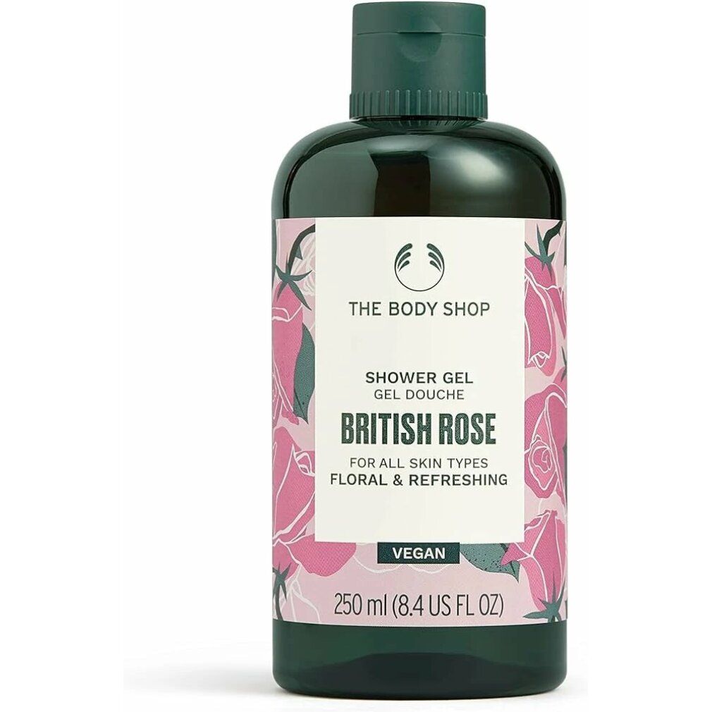 Flacon de gel douche British Rose, étiquette avec motif floral. Bouchon et flacon verts. Inscription: pour tous types de peau, vegan.