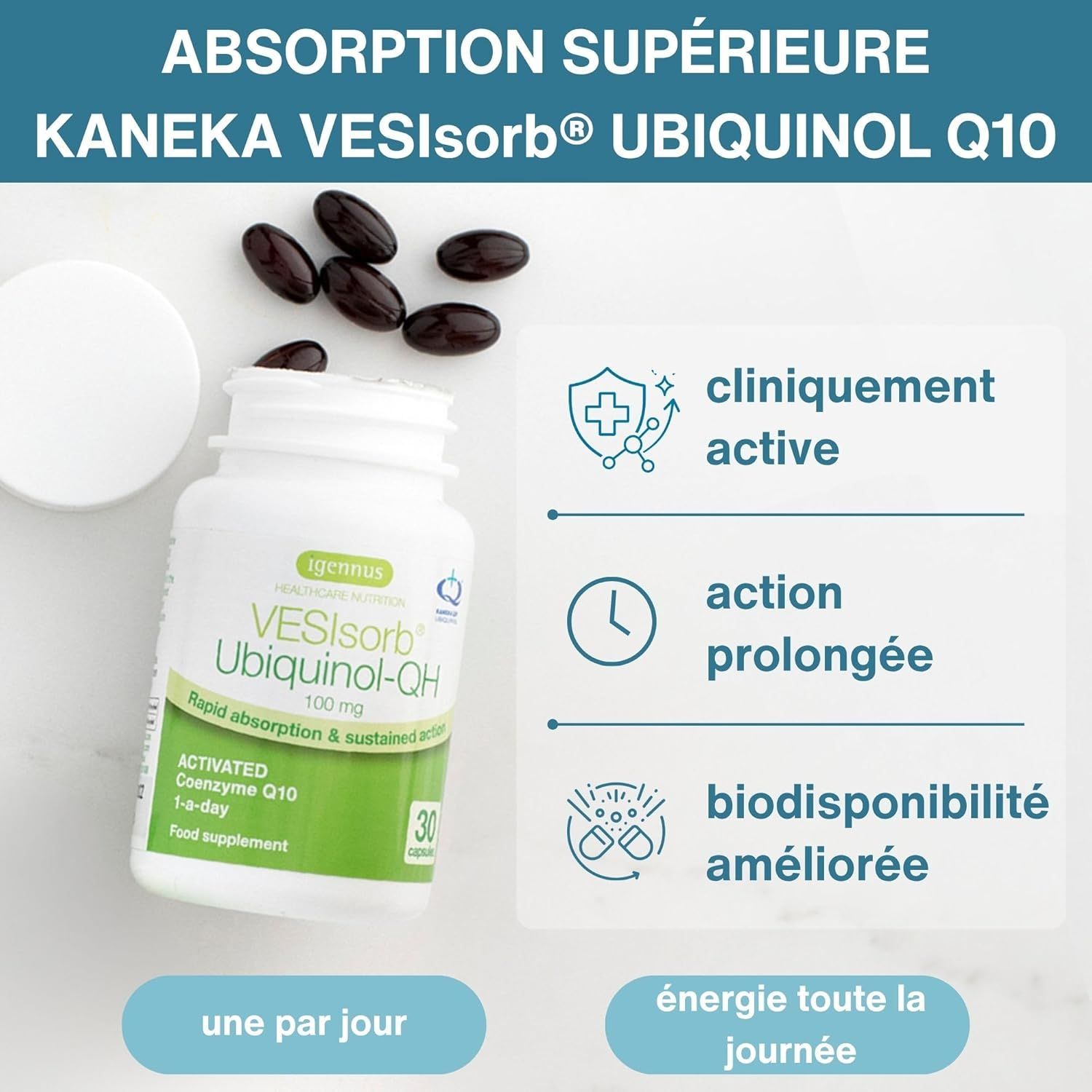 Flacon Ubiquinol-QH avec icônes pour l'activité clinique et la durée.