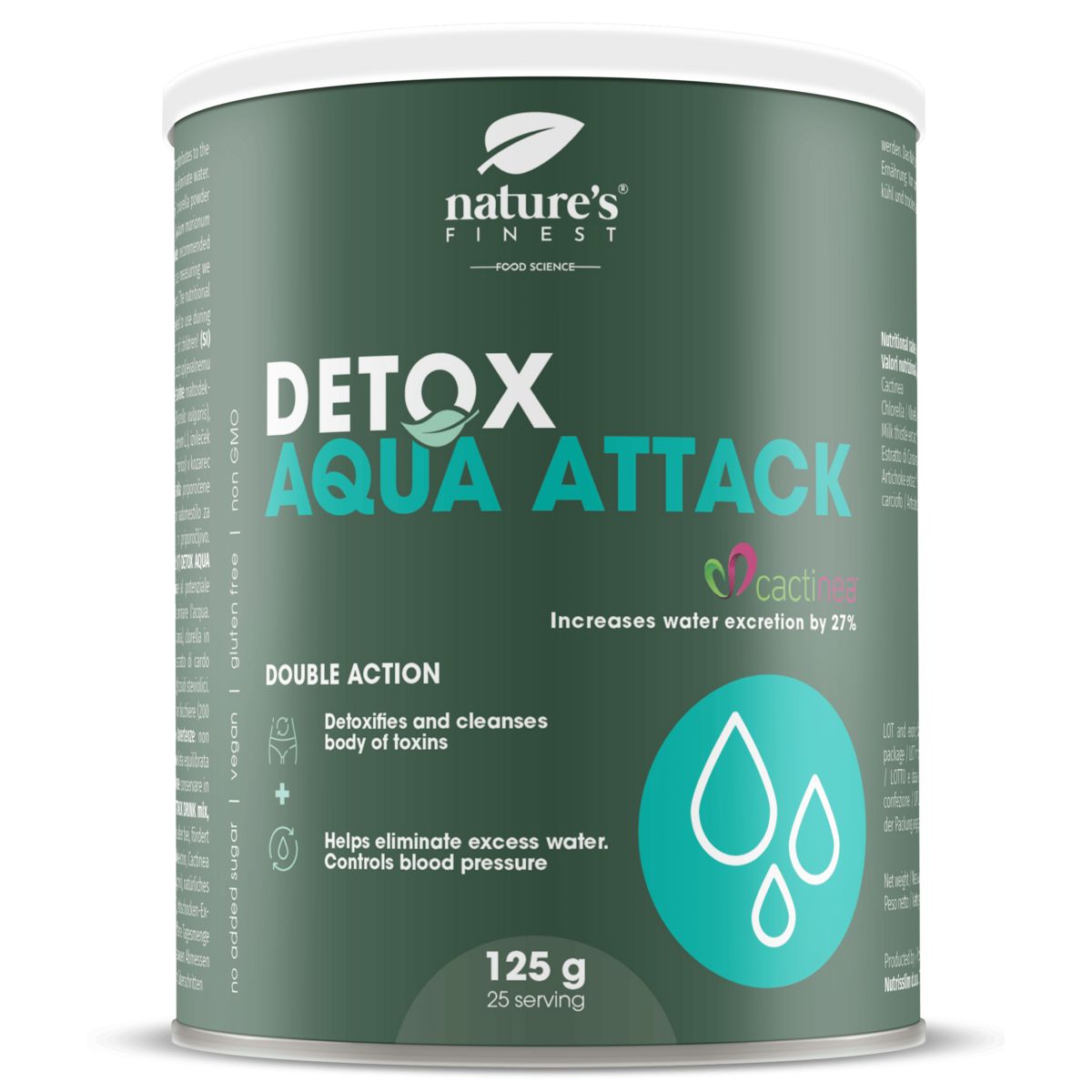 Pot 'Detox Aqua Attack'. Groen-wit design. Tekst: 'Nature's Finest'. Bevat 125g, 25 porties. Voedingsinformatie.