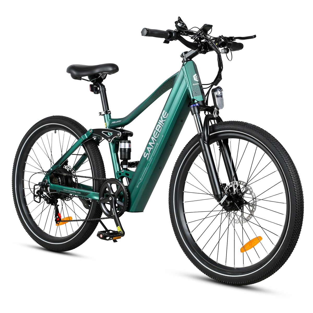 Vélo électrique vert. Pneus noirs. Marque SAMEBIKE. Suspension, phare, porte-bagages.