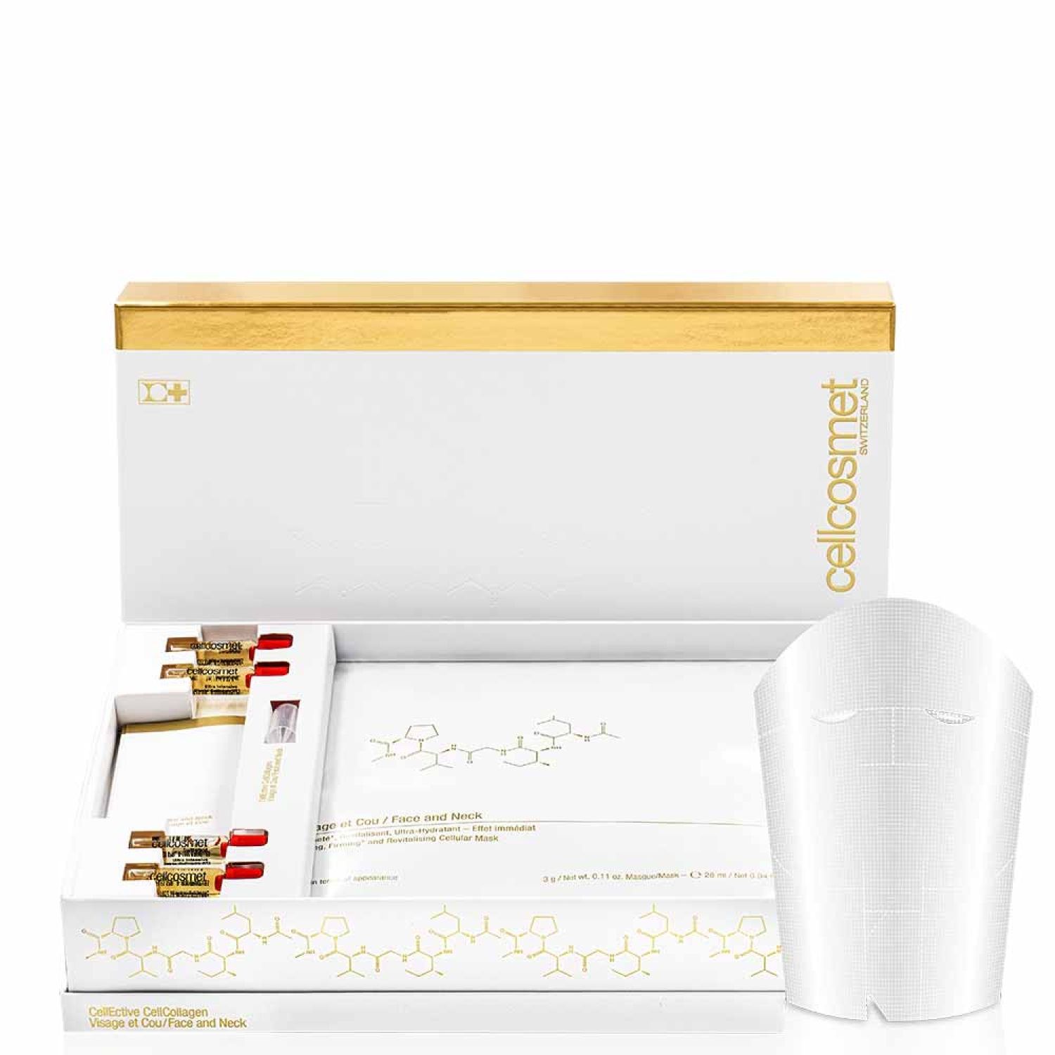 Cellcosmet CellEctive Face and Neck Mask. Masque blanc, ampoules, emballage doré avec texte. Formule chimique sur le masque.