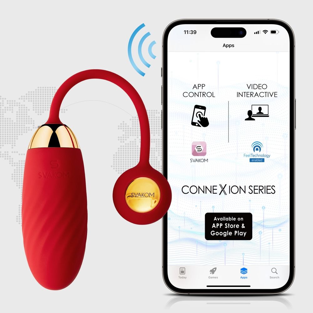 Vibrateur rouge connecté à un smartphone affichant le contrôle de l'application.