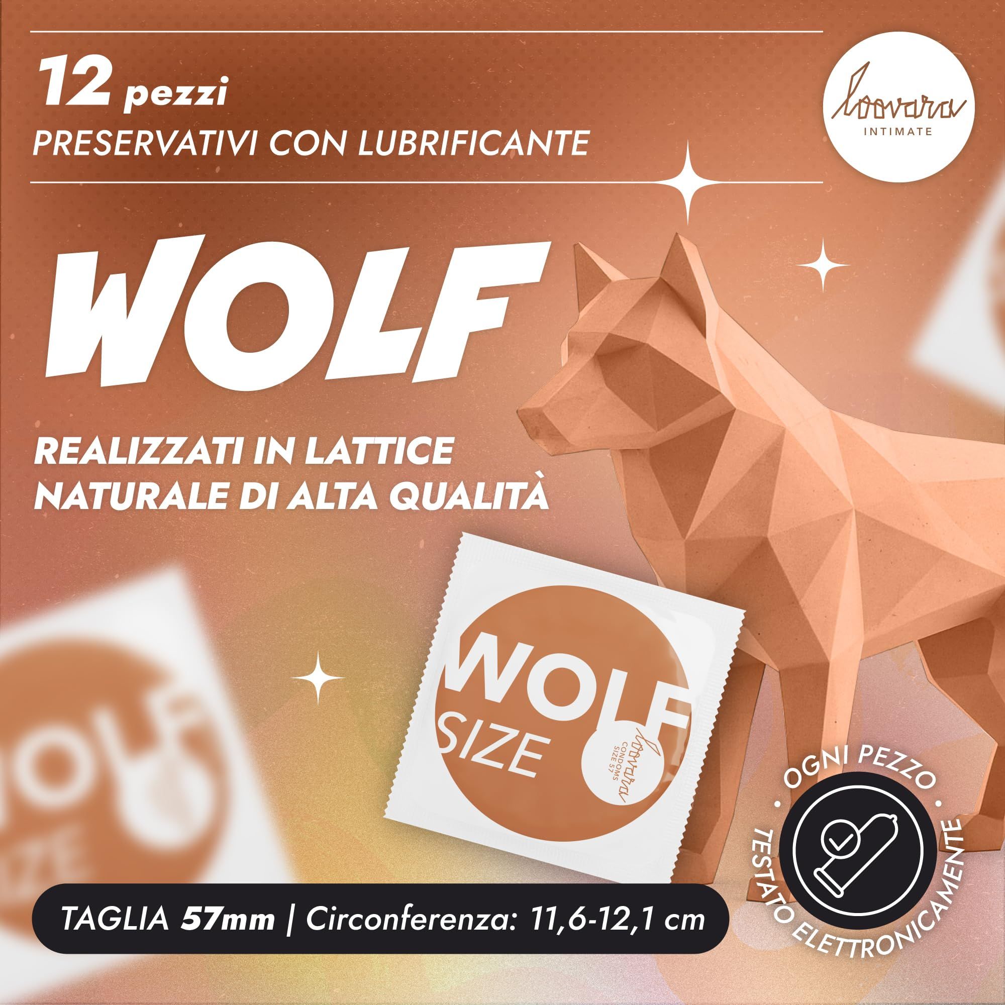 Préservatifs Loovara Wolf, 12 pièces, taille 57mm, avec lubrifiant.