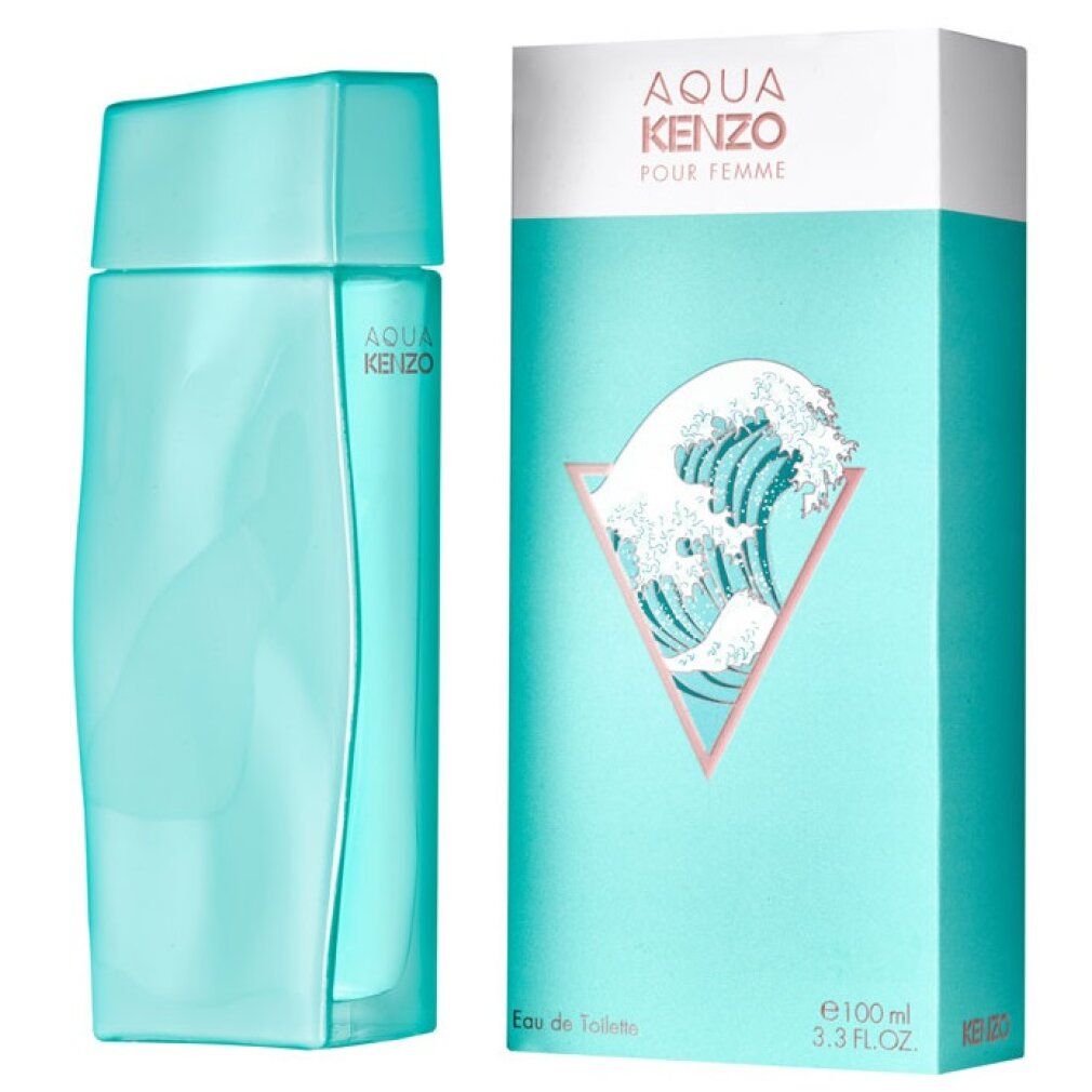 Flacon et boîte turquoise. Boîte avec motif de vagues et logo AQUA KENZO.