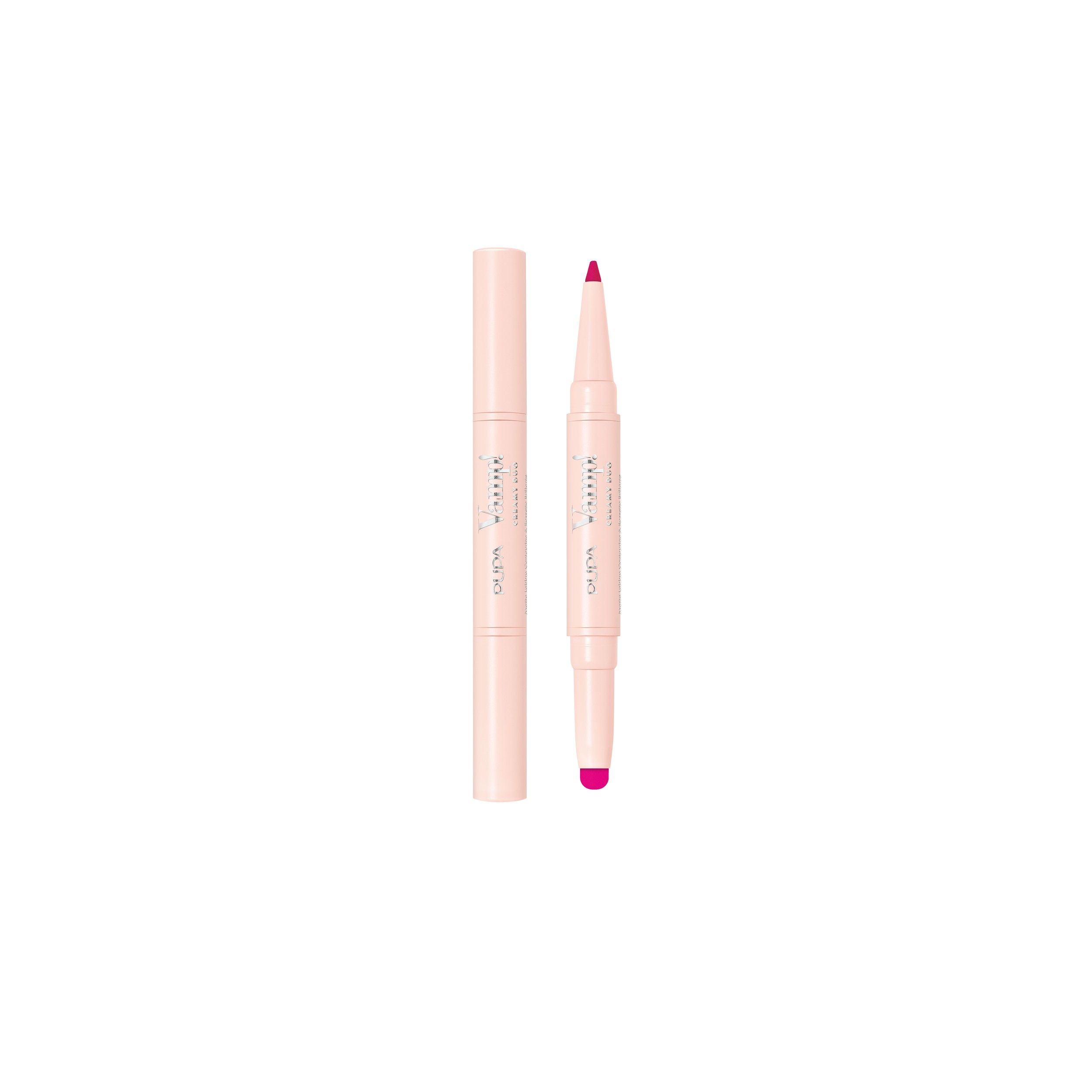 Lichtroze dubbelzijdige lippenstift, één uiteinde met dop, het andere met lipliner en lipstick.