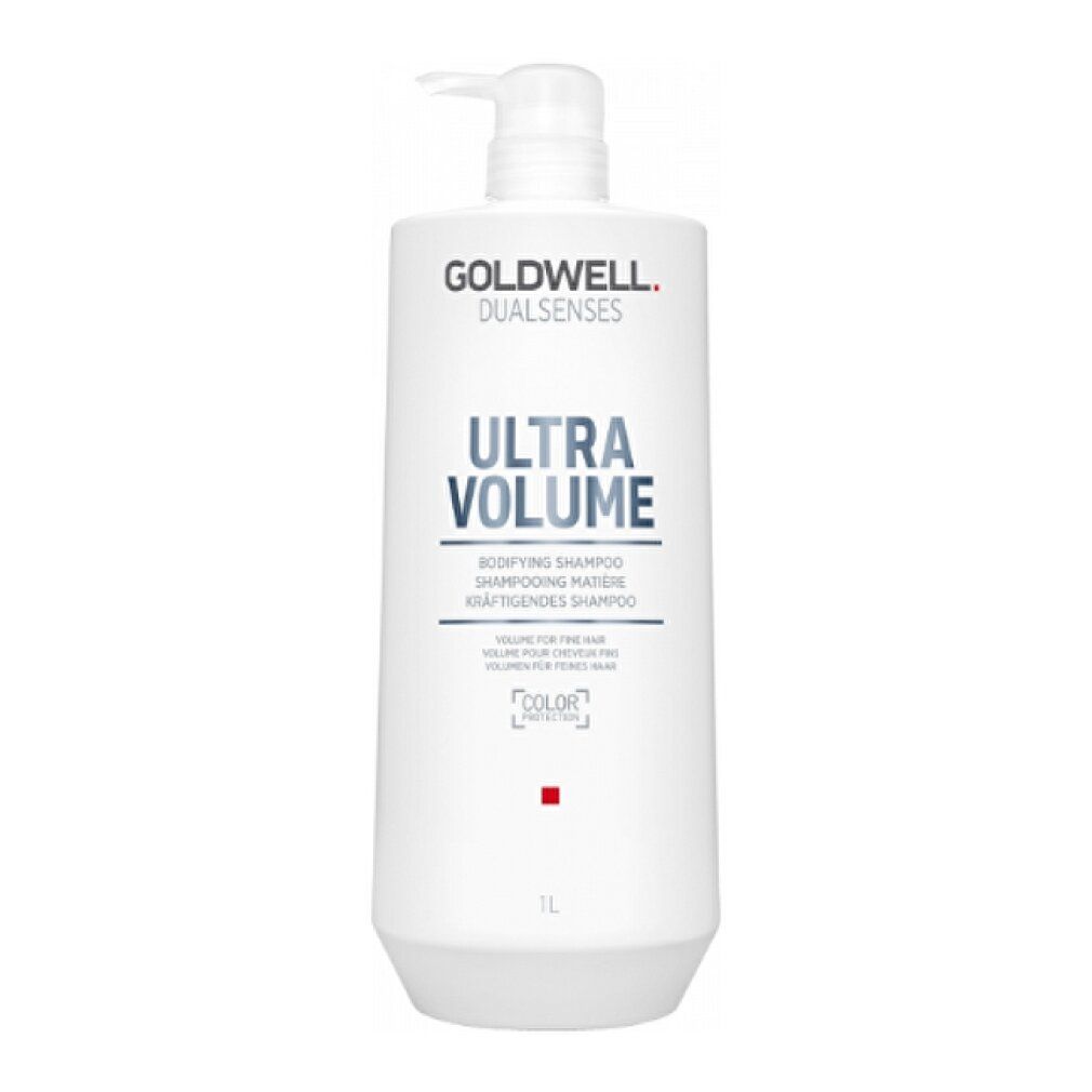 Flacon de shampooing blanc avec pompe, logo Goldwell et texte « Ultra Volume ». 1L. Shampooing volumateur.