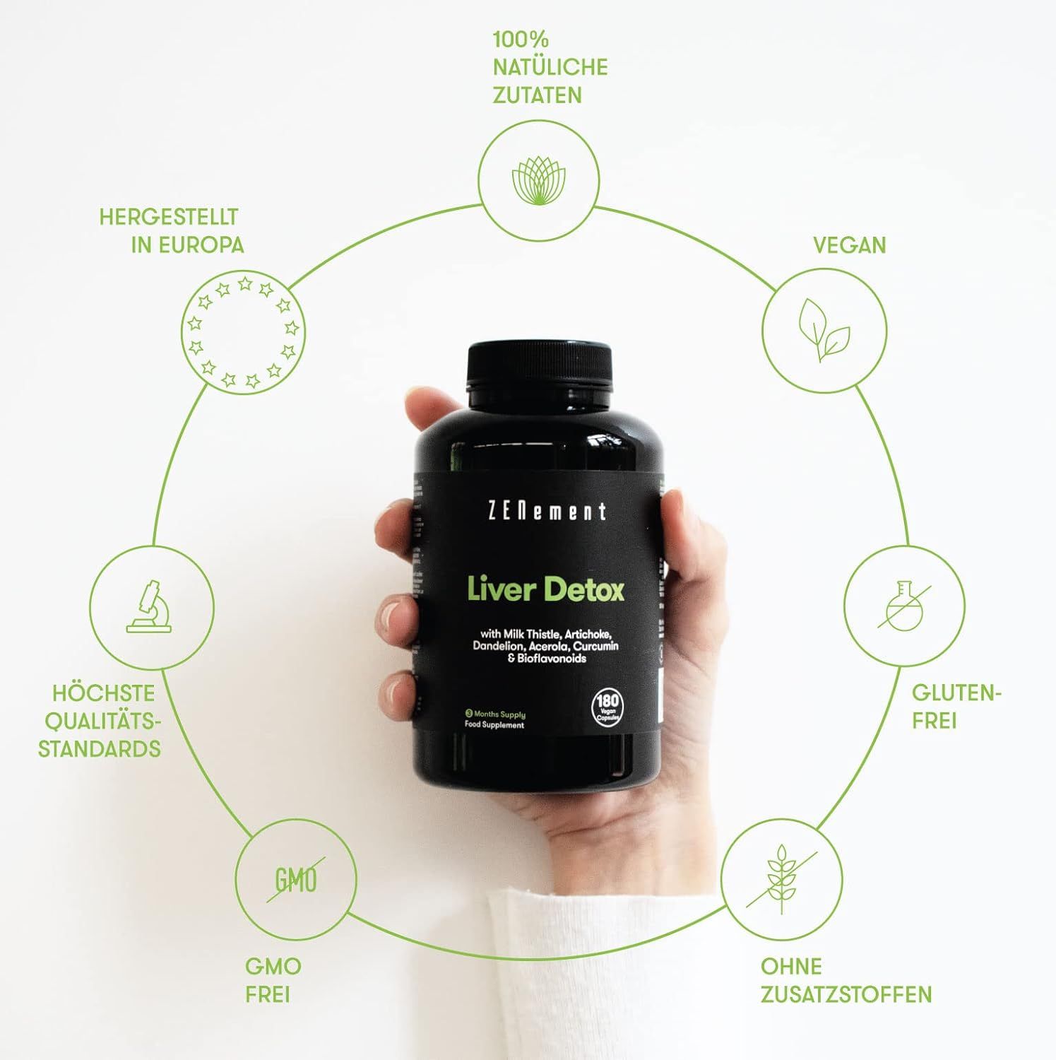 Flacon noir Zenement Liver Detox. Logos circulaires : vegan, sans gluten, sans OGM, etc. Main tenant le flacon.