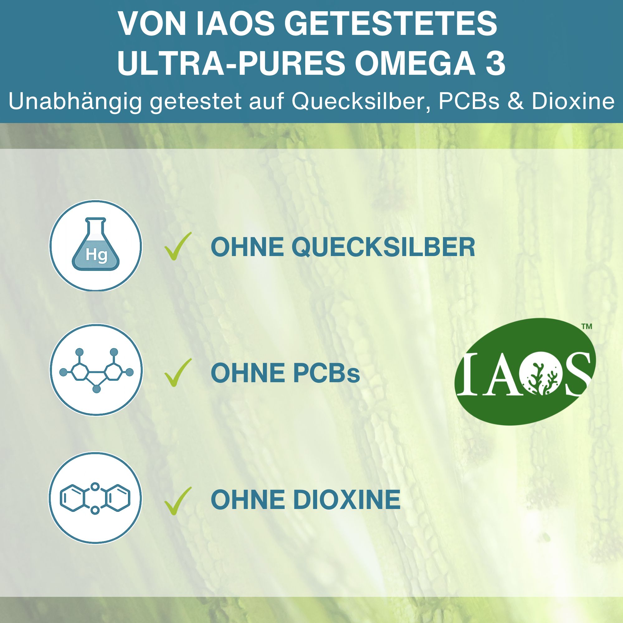 Bouteille de capsules Oméga-3. Contient DHA, EPA et Astaxanthine. Fabriqué au Royaume-Uni.