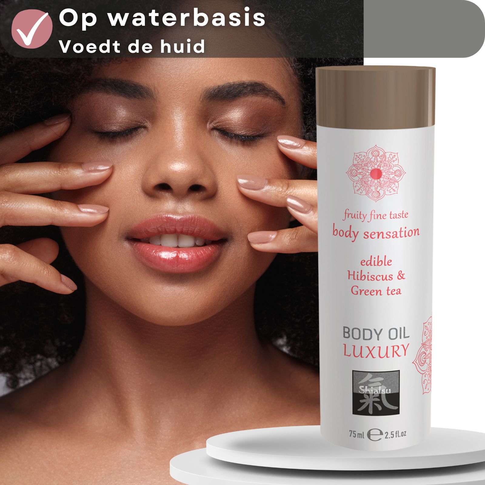 Fles Shiatsu Body Oil Luxury met groene thee en hibiscus aroma, 75ml.
