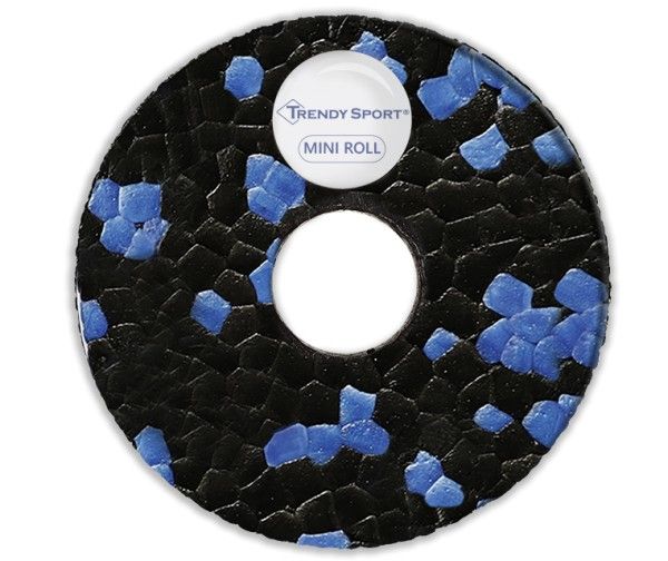 Vue de l'extrémité d'un rouleau de fascia. Mousse noire avec des points bleus. Trou central. Autocollant avec logo et 'Mini Roll'.