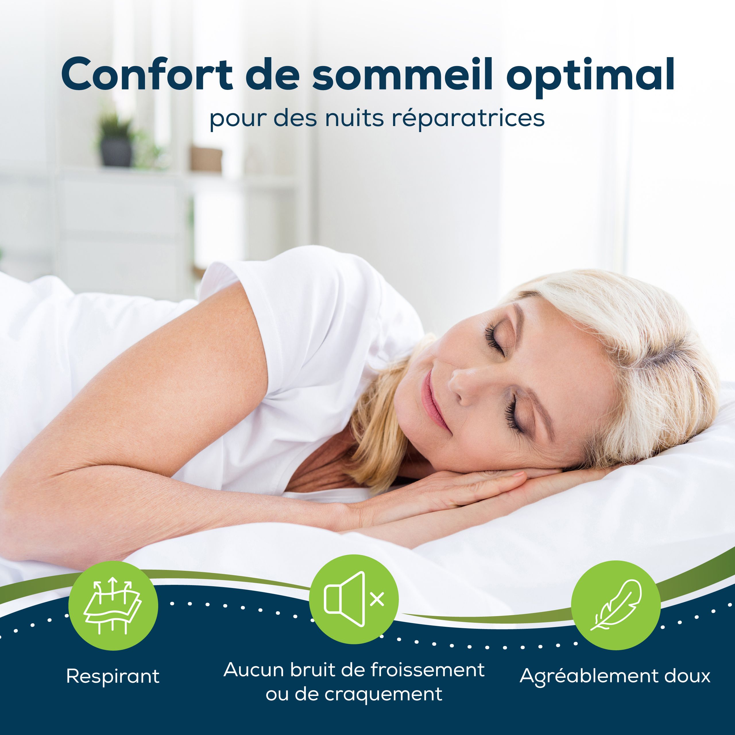 Femme dormant sur oreiller et linge de lit blancs. Respirant, pas de bruit, agréablement doux.