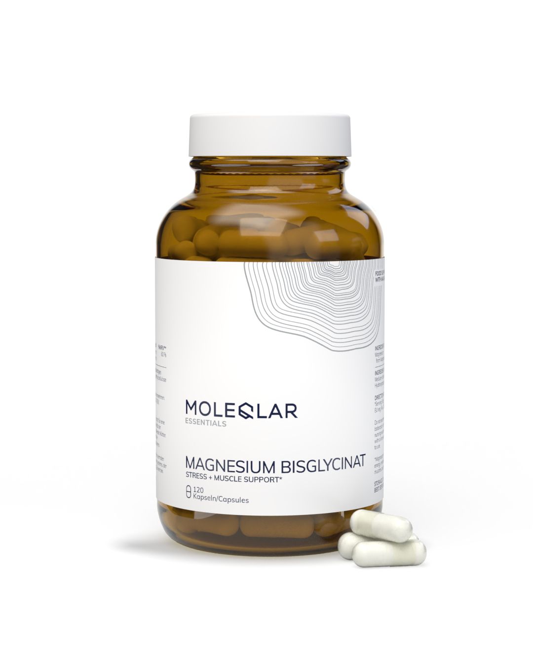 Bruine glazen fles met witte dop, gevuld met Magnesium Bisglycinaat capsules. Drie capsules liggen ernaast.