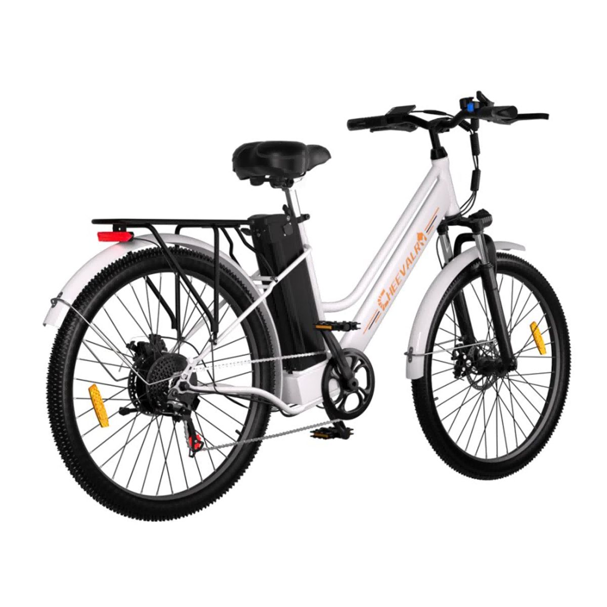 Witte elektrische fiets met zwart frame, bagagedrager en achterlicht. Merk Cheevalry.