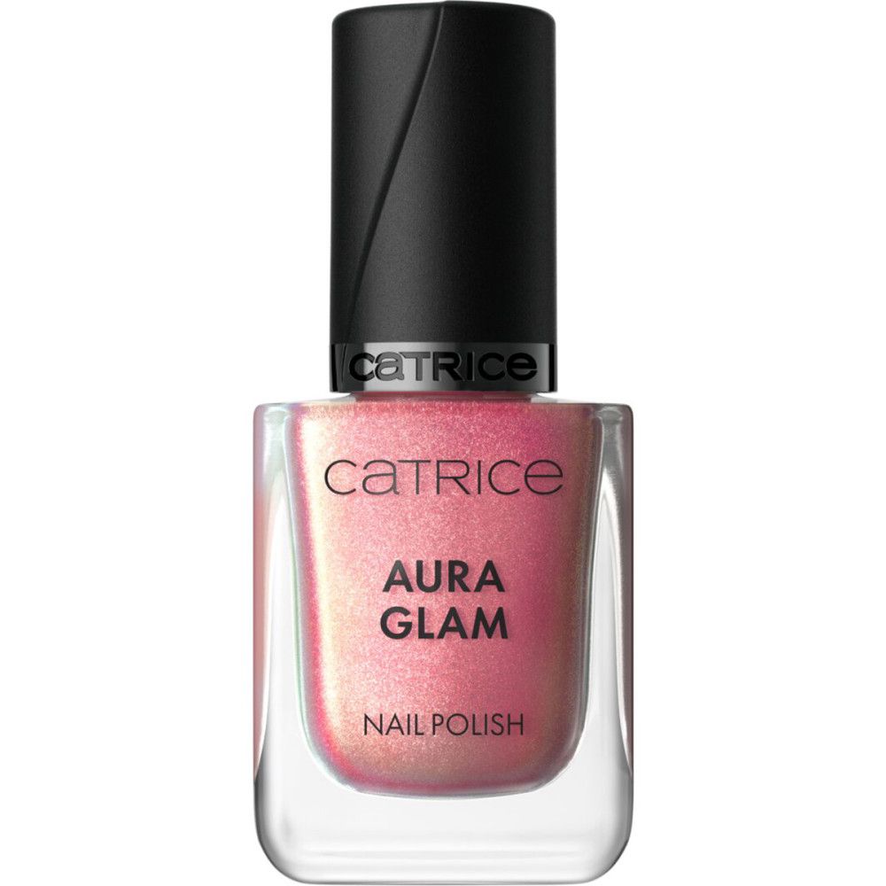 Flacon de vernis à ongles rose avec bouchon noir. Inscription "Aura Glam" et "Nail Polish".