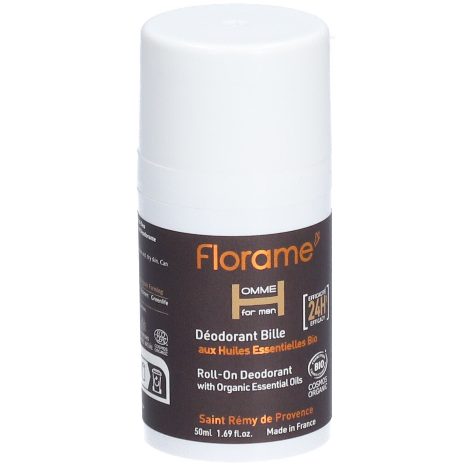 Roll-on deodorant voor mannen. Witte fles met bruin etiket. Tekst: Florame, HOMME, 24h, Bio-certificering.
