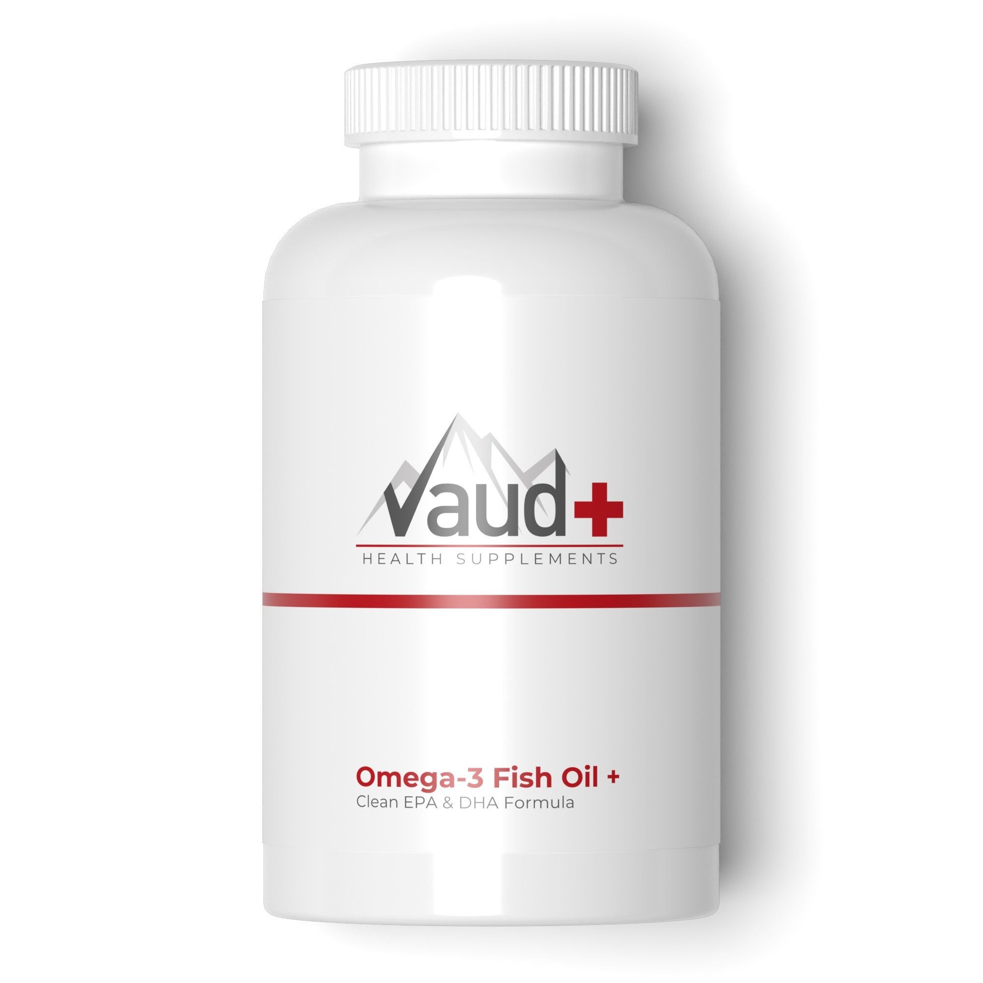 Witte fles met schroefdop. Rode streep en logo Vaud+ Health Supplements. Omega-3 Fish Oil.