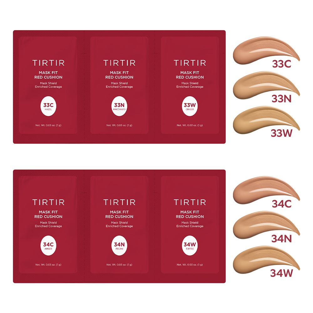 TIRTIR Mask Fit Red Cushion individuele verpakkingen en kleurstalen. Tekst: Mask Fit Red Cushion, Mask Shield Enriched Coverage. Tinten: 33C, 33N, 33W, 34C, 34N, 34W.