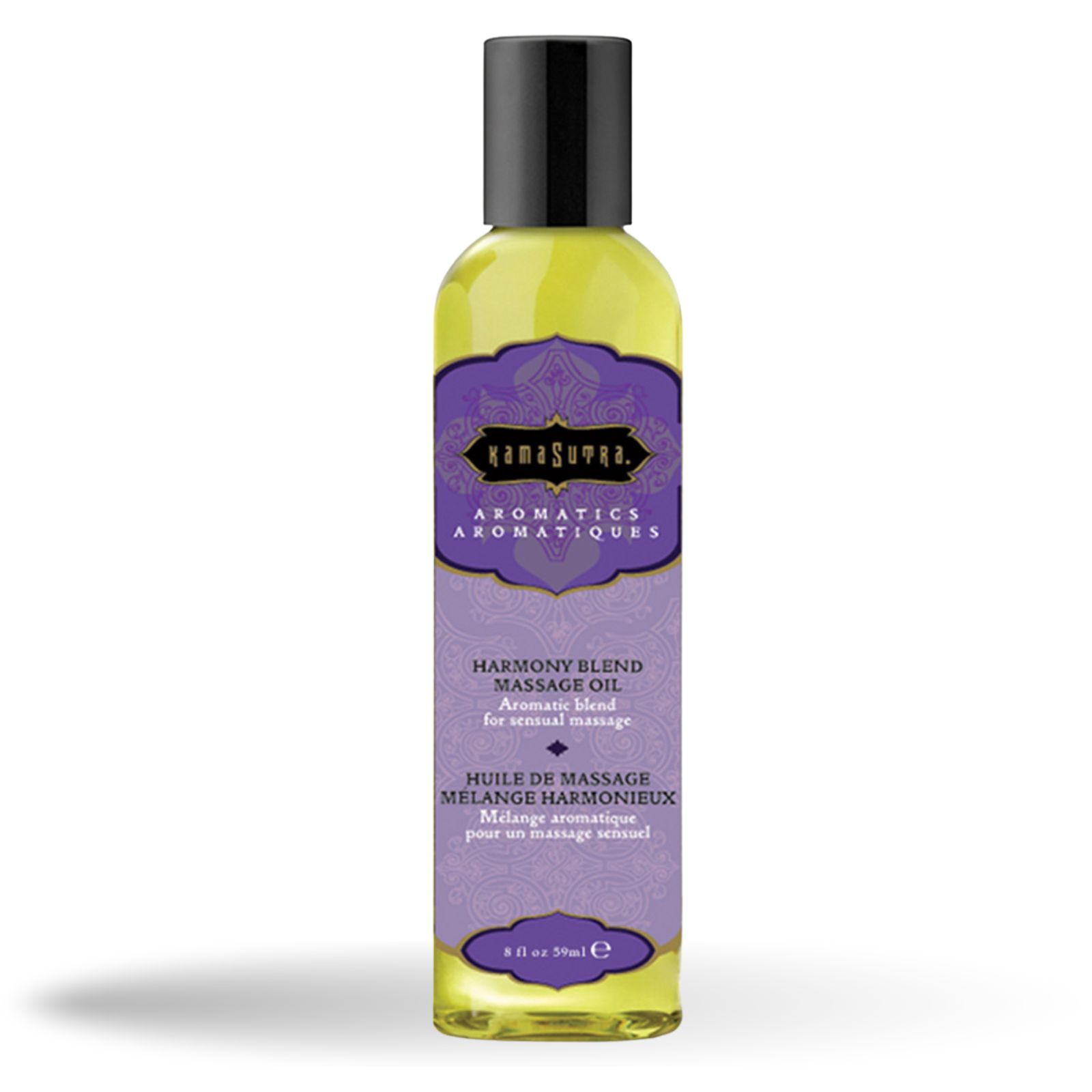 Flacon d'huile de massage. Étiquette violette avec nom et texte du produit. Bouchon noir. Contenu clair. 8 fl oz.
