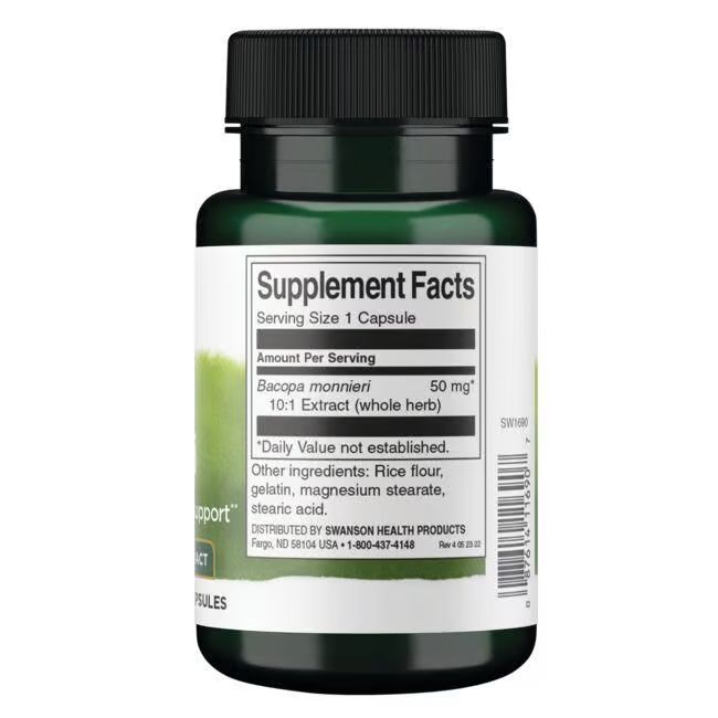 Dos de la bouteille verte. Inscription: Supplement Facts, Bacopa monnieri, 50 mg, extrait 10:1, 90 capsules.