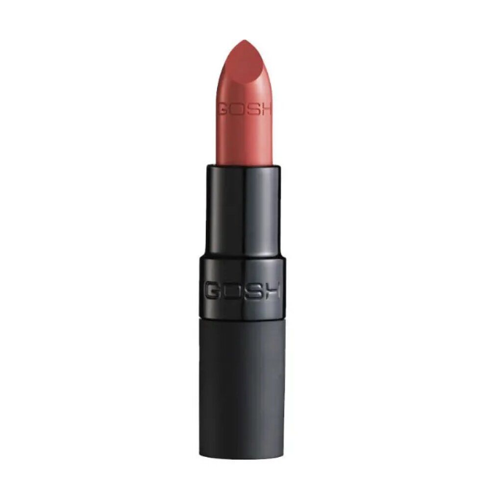 Rouge à lèvres Gosh Velvet Touch 025 Matt Spice. Rouge dans un étui noir. Marque Gosh visible.