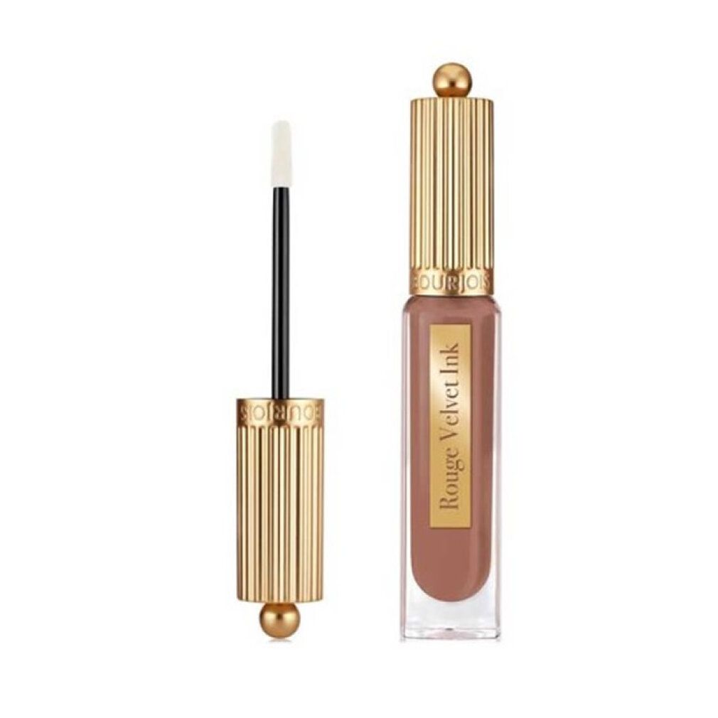 Bourjois Rouge Velvet Ink lippenstift, tint 05 Pralinette, met applicator ernaast.